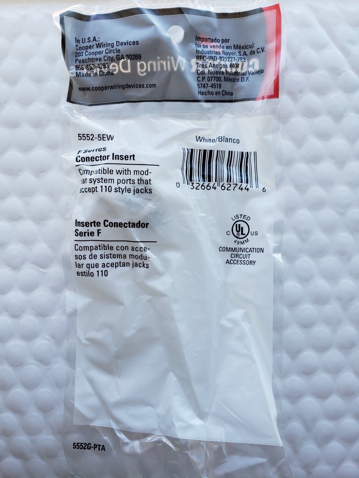 Cooper Wiring Devices 5552-5EW Coax Video Adaptor F Series Snap In Type NEW