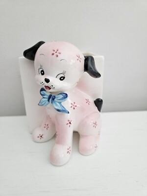 Vtg Ceramic Napco Puppy Dog Planter Baby Nursery Shower ABC Block Japan G3096