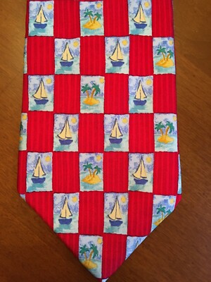 Charleston Tie Rack Blue Red Sailboats Palm Trees Made in Italy Silk Nautical