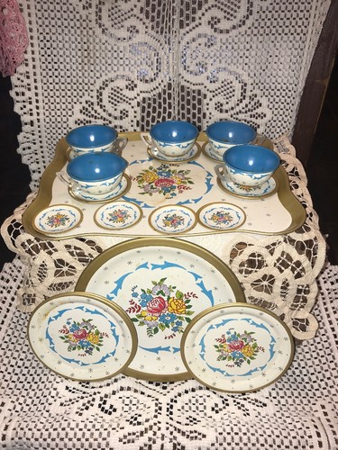 Vintage Ohio Art Tin Litho Childs Tea/Coffee Set RARE Floral Pattern