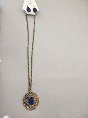 JACLYN SMITH CHAIN NECKLACE & EARRING SET SHINY BLUE GOLD TONE 20''
