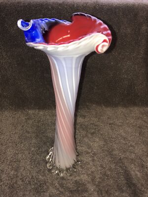 Beautiful Hand Blown 13  Red White And Blue Twisted Vase