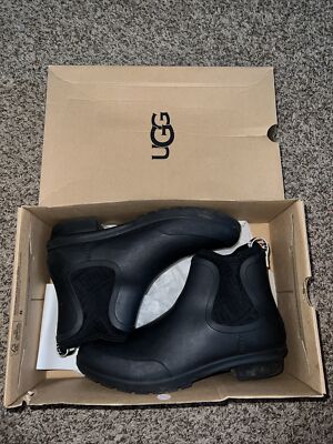 UGG Chevonne Black Waterproof Chelsea Rubber Sheepskin Rain Boots Size 8.5