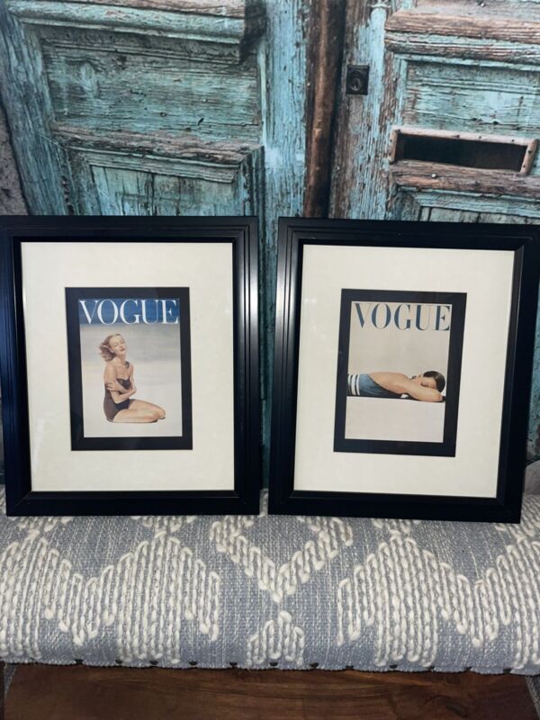 2 Vintage Vogue Cover Print Framed John Rawling Beach Pin Up