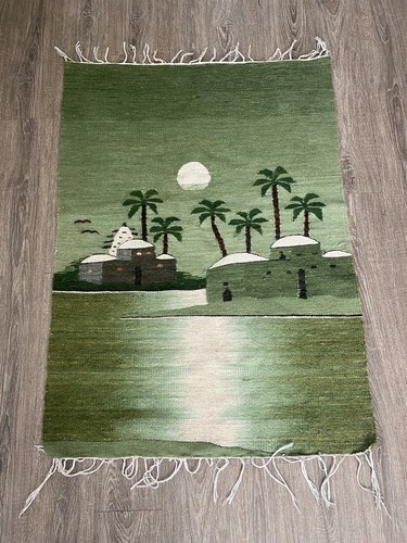 Vtg Antique Beach wool Erbil Iraqi Kilim rug Babylonian Aztec Navajo Palm Tree