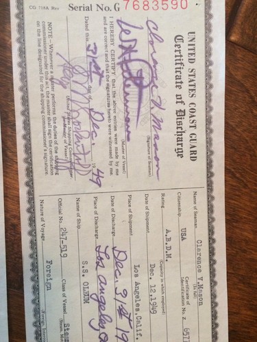 3 1949  U.S. Coast Guard Certificate of Discharge Merchant Seaman Steam Vessels