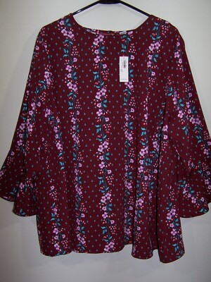 New! Old Navy Burgundy Floral Pullover Blouse Bell Sleeves Size 2X