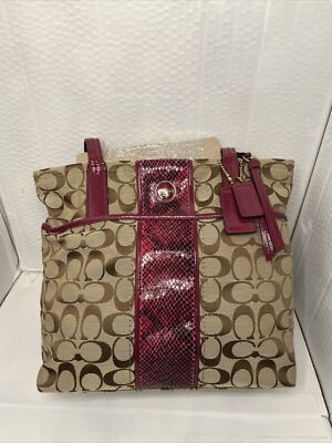 Coach F25706 Signature C Stripe Python Tote Satchel Shoulder Purse Raspberry New