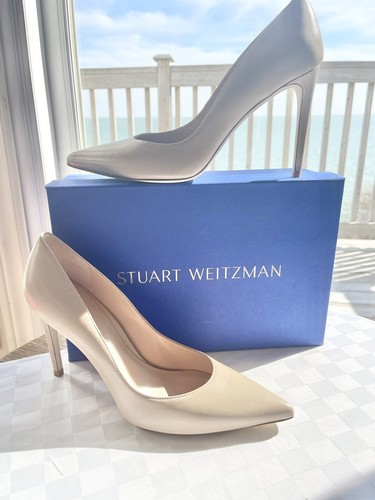 Pre-owned Stuart Weitzman Royal Bambina Nappa Leather Pointed Toe Stiletto Pumps 9m $425 In Beige