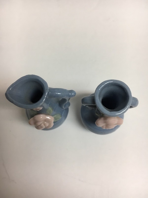 2 Vintage Hand Painted Porcelain Blue Mini Vases Made In Occupied
