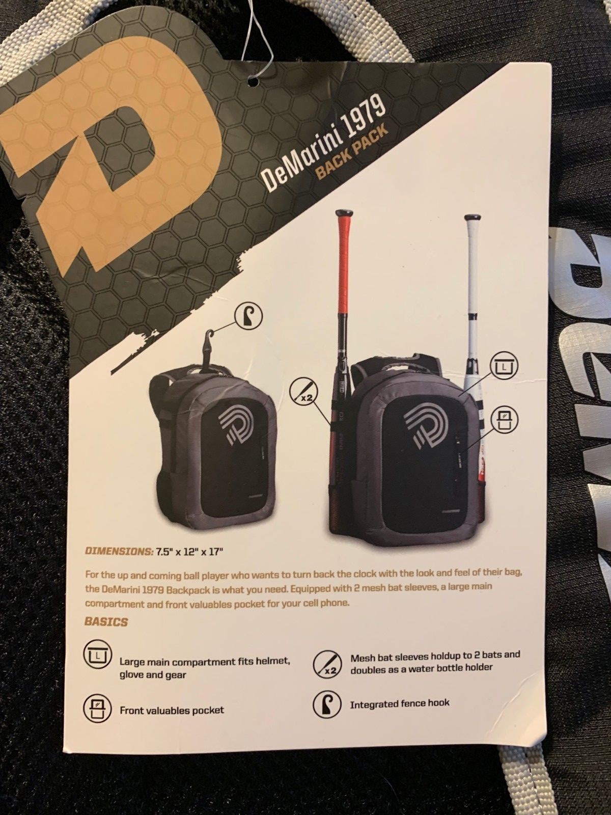 DeMarini 1979 Baseball Bat Bag Back Pack Black New