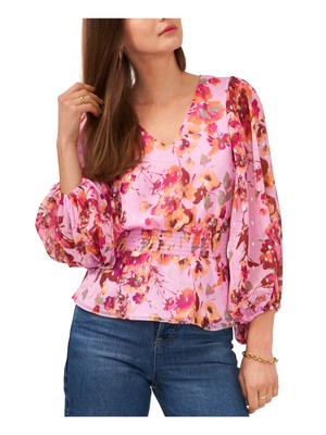 

VINCE CAMUTO Женский розовый топ с прозрачными подкладками и цветочным принтом с рукавами 3/4 и V-образным вырезом