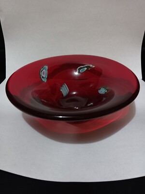 Deep Ruby Red Millefori 7.5'' Bowl With Hand Painted Flowers