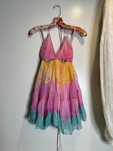 Pre-owned Rococo Sand Zale Tiered Cutouts Cover Up Pastel Ombre Babydoll Mini Dress M In Rainbow