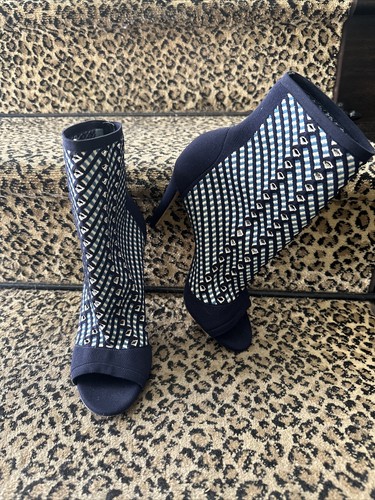 Gianvito Rossi Blue Patterned Peep Toe Stiletto Knit Sock