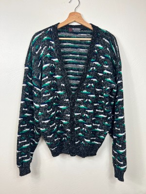 Vintage Scandia Mens Black Knit Button Up Sweater Cardigan Size XL Grunge USA