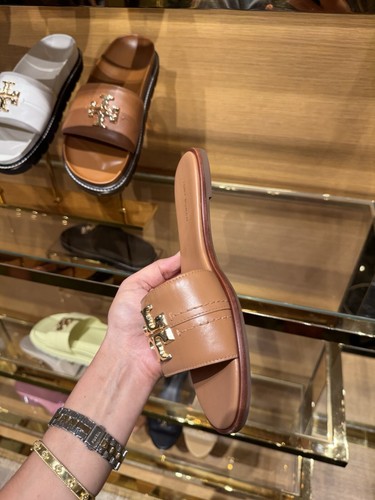Pre-owned Tory Burch Everly Calf Leather Gold Logo Slide Sandals All Sizes Available