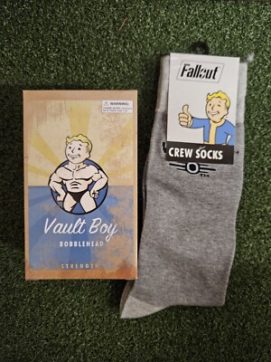 Gaming Heads Fallout Vault Boy 111 Bobblehead Series #1 And A Pair Of Crew Socks