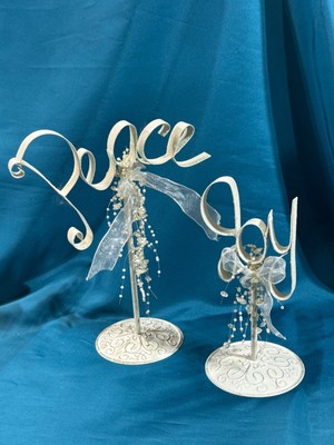 Peace & Joy Metal Stands Christmas Table Shelf Mantel Decor w Faux Pearls Ribbon