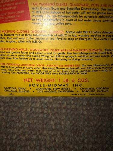 Vintage Melo Cleaner And Water Softber Dishes Laundry Detergent