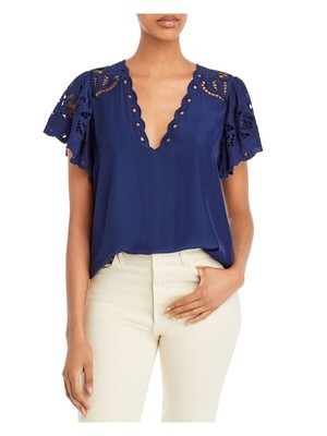 

RAMY BROOK Женская темно-синяя блузка для работы с зубчатыми рукавами и V-образным вырезом, Navy