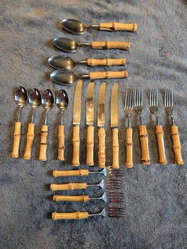 20 Piece Vintage Real Bamboo Handle Stainless Steel Flatware Martian of Japan