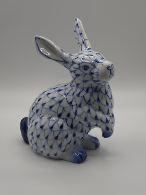Herend Style Bunny Rabbit Blue Fishnet Seated Figurine Andrea By Sadek Vintage