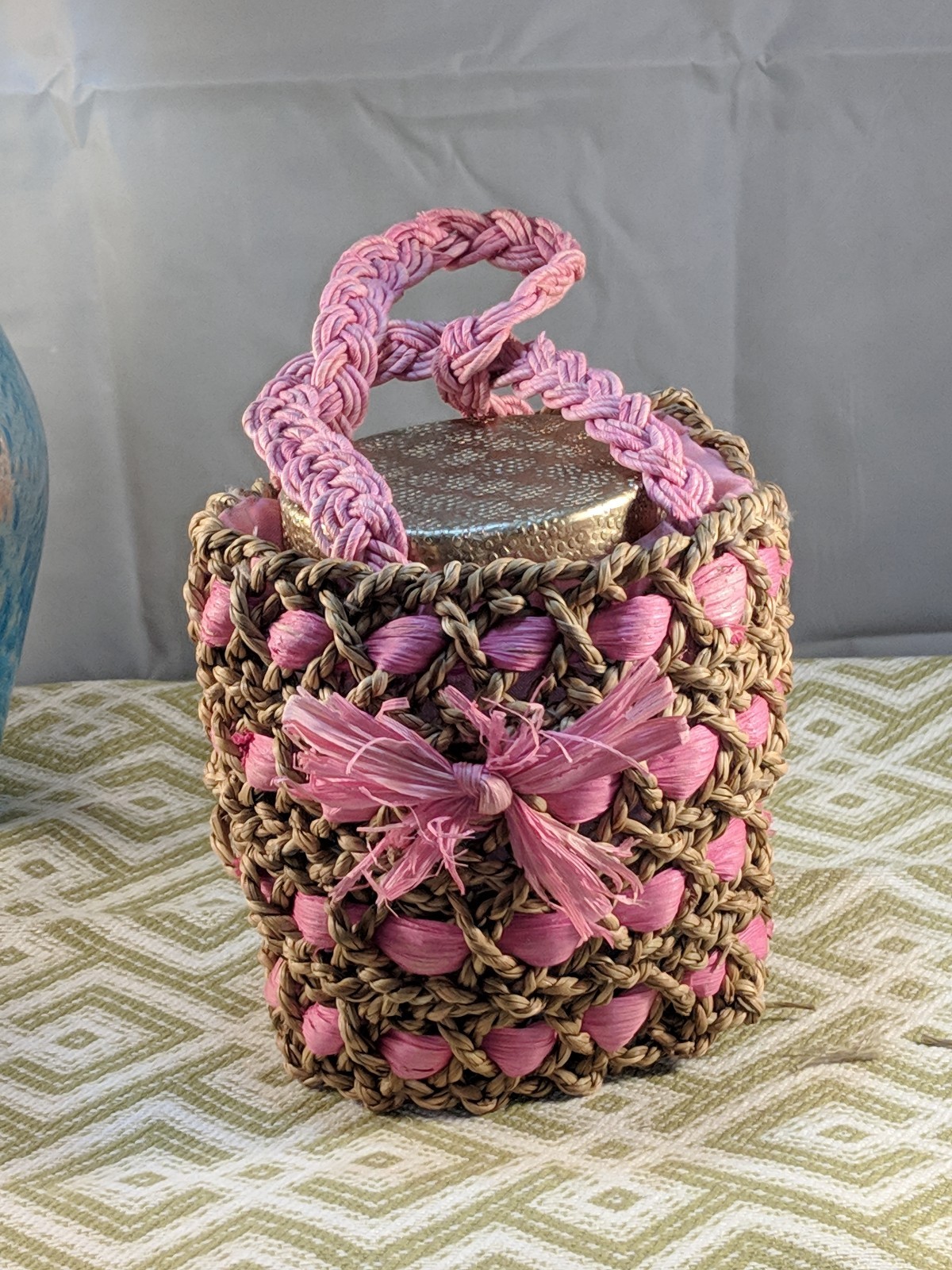 Pink and Natural Woven Hand  Basket