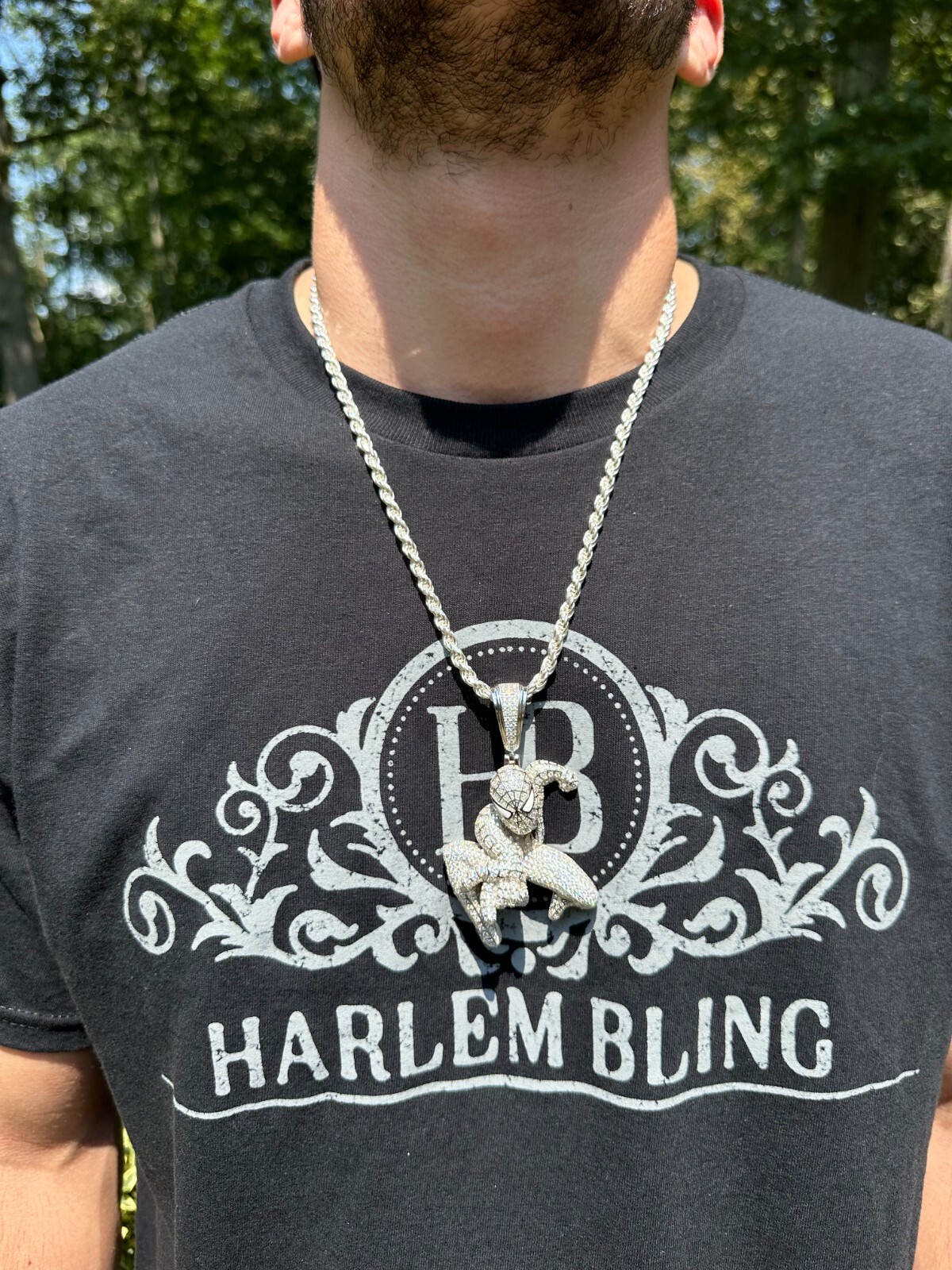 Pre-owned Harlembling Moissanite Real 925 Silver/14k Gold Plated Large Iced Spiderman Pendant Necklace In White
