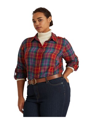 

RALPH LAUREN Женский красный топ в клетку с отворотами и воротником на пуговицах плюс