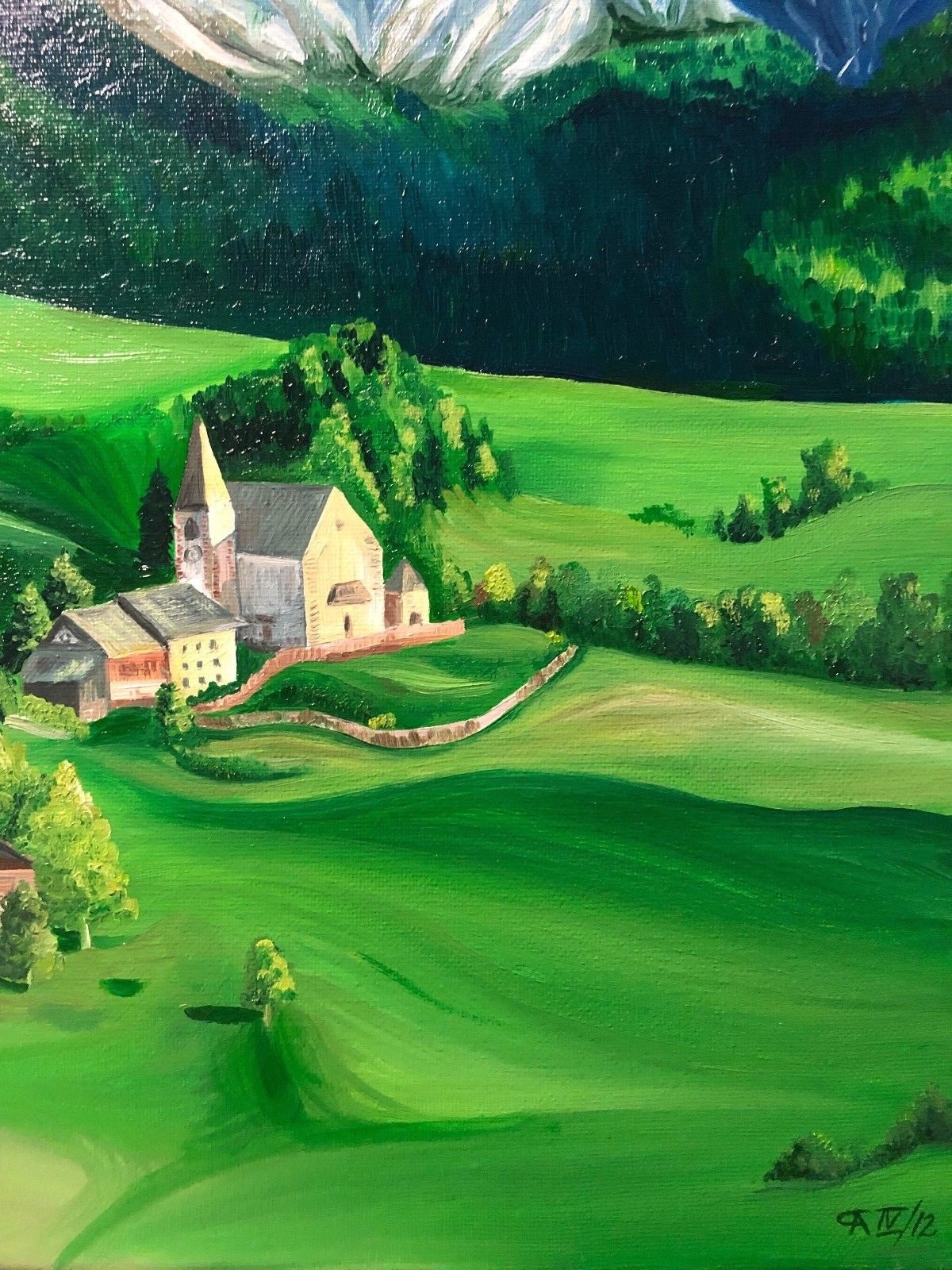 Original Oil Painting Canvas Wall Art Realism Landscape Mountains House Green US