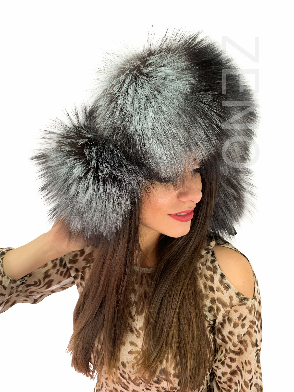 Silver Fox Fur Hat With Leather Natural Color Fur Saga Furs