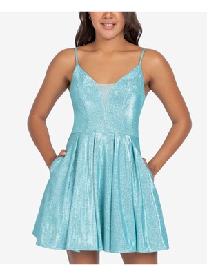 

B DARLIN Womens Aqua Mesh Inset Short Party Fit + Flare Dress Juniors 11\12