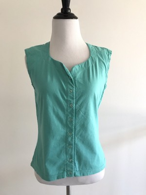 Alain Manoukian Womens Size 1 Button Down Sleeveless Top Green Crewneck Cotton