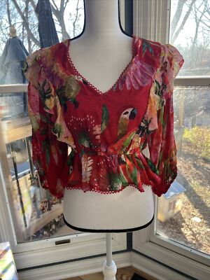 New Farm Rio Galena Macaw Shirt Small Floral Red Crop Blouse Top Anthropologie