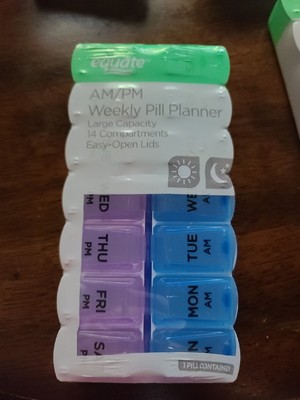 Equate AM/PM Weekly Pill Planner Large Capacity 14 Compartments Easy Open Lids