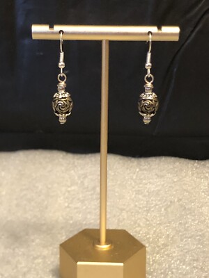 SILVER Tone ROSE EARRINGS BEAD DROP Dangle FLOWER JEWELRY