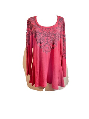 Energe World Wear Plus Size 1X Embellished Long Sleeve Tunic Top Waffle Knit Red