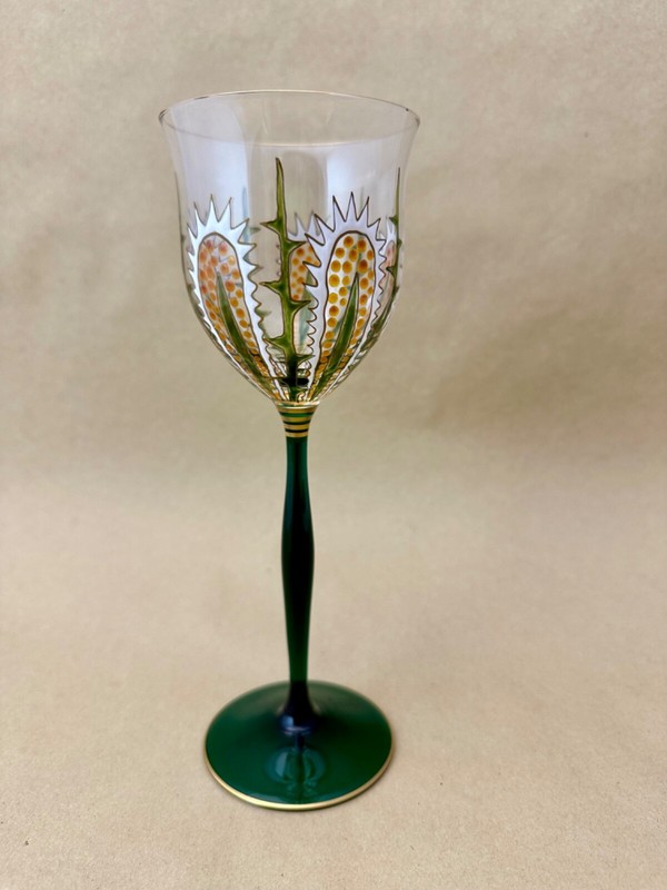 1x Theresienthal Glas Weinglas Dekor Distel Emailmalerei Orage GrÃ¼N 21,5cm