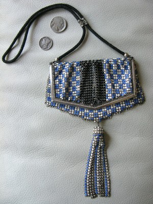 Antique Silver Art Deco Princess Mary Blue Black White Enamel Chain Mail Purse