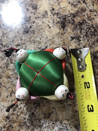 Vintage Chinese Silk, Green Pin Cushion, Round, 4 people, made in China