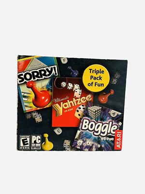 Computer Pc Game Triple Pack Sorry Yahtzee & Boggle W/ Slipcover 2005 Windows