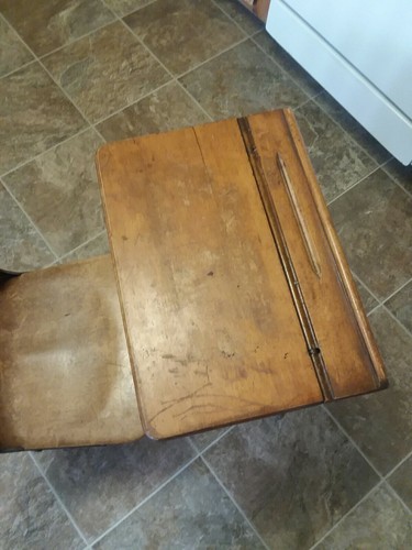 Vintage Child's School Desk & Chair Wood And Metal