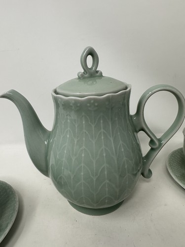 Vintage Chinese Celadon Tea Set Cups Pitcher Creamer Sugar Jade Green Color