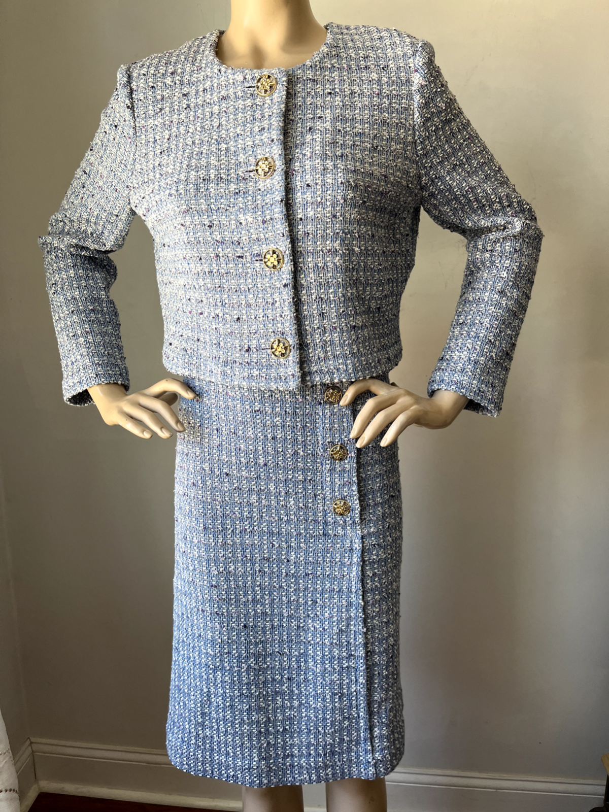 Pre-owned St John Knit Suit Skirt Jacket Size 16 Lilac & Blue Tweed In Purple