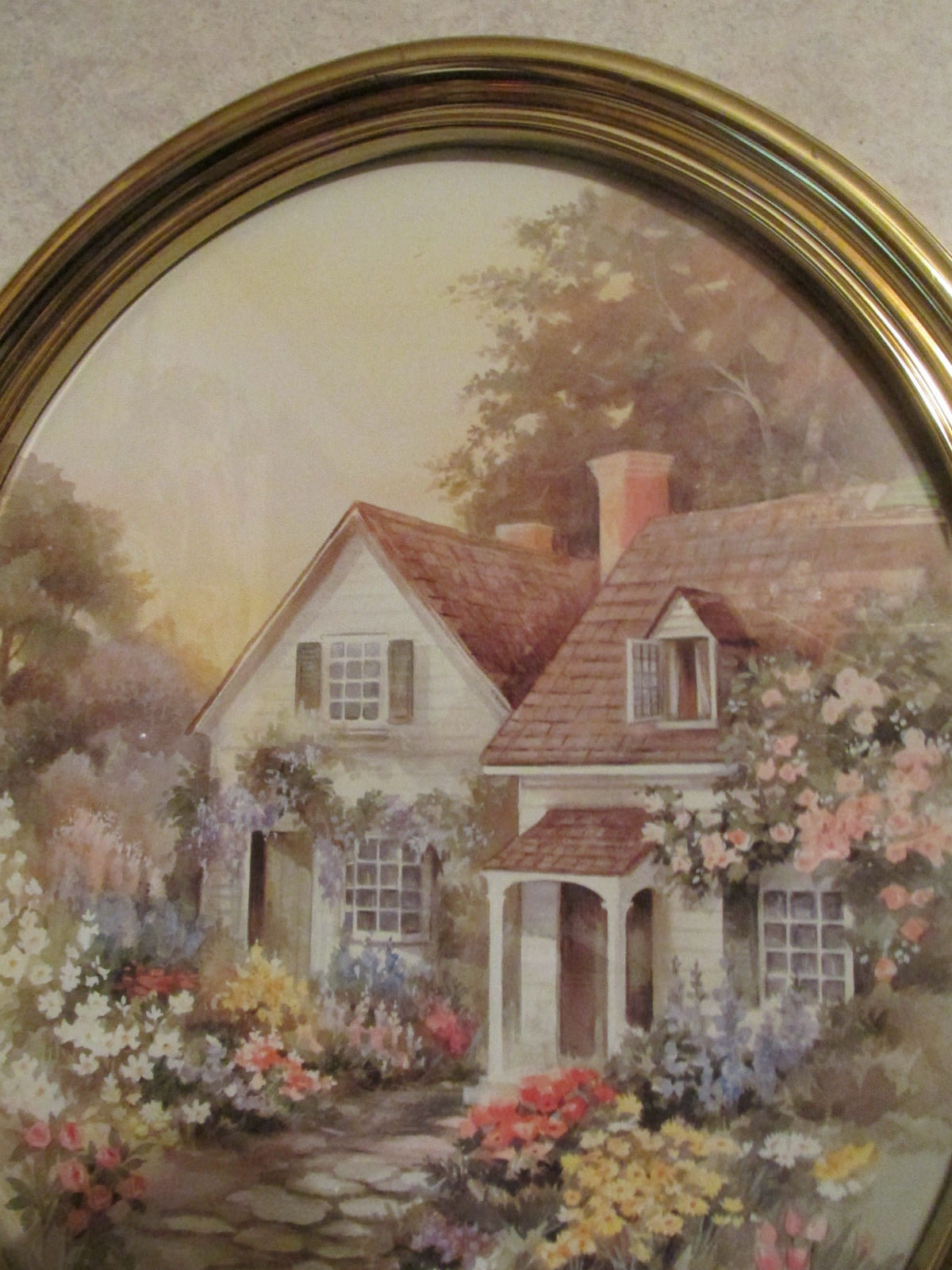 Vintage Home Interiors Oval Wall Picture Cottage & Flowers