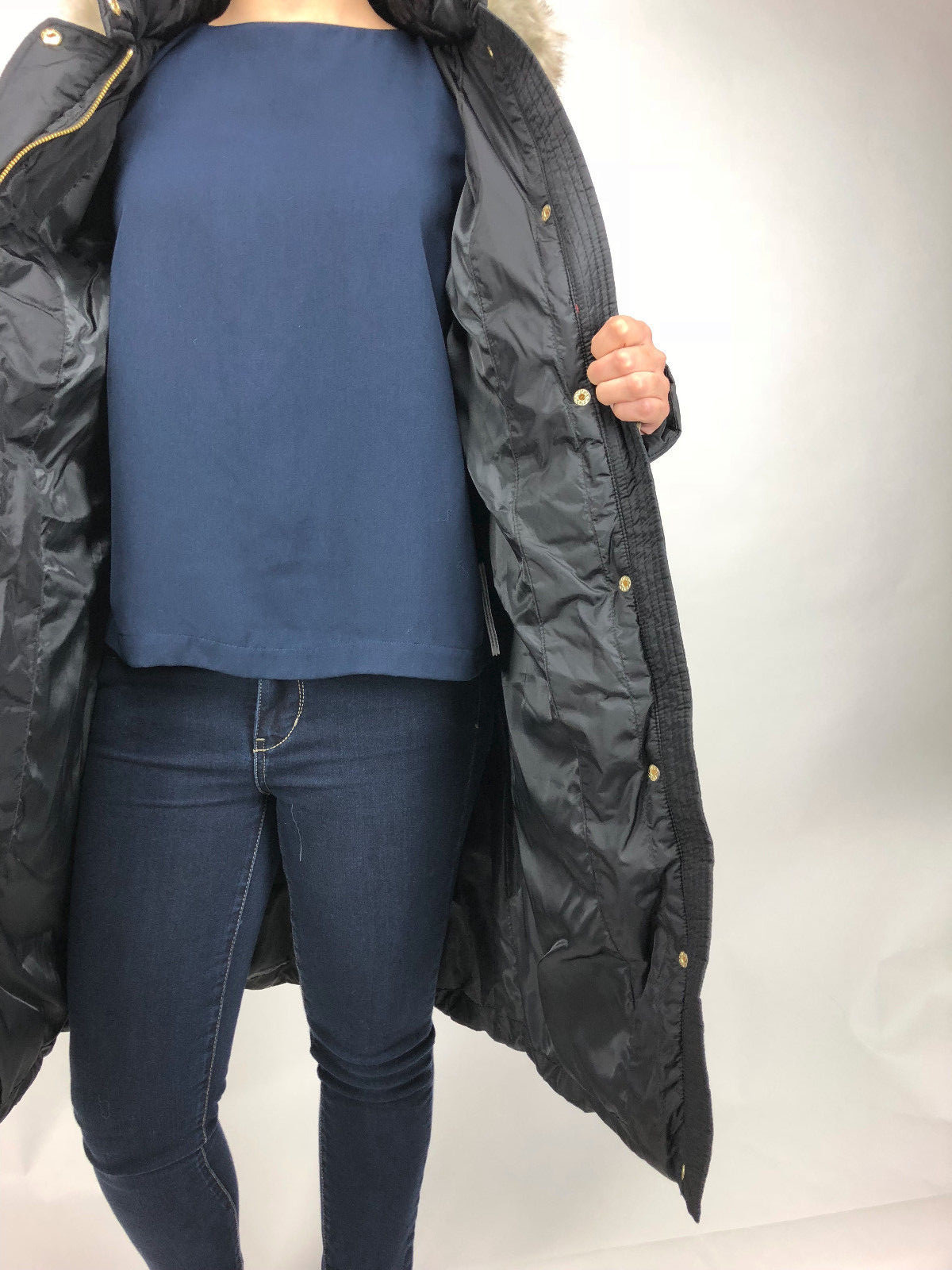 Pre-owned Michael Kors Womens  Down Puffer Jacket Bubble Coat Black Gold Faux Fur Trim Hood
