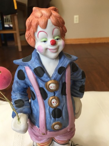 Vintage Enesco Porcelain Clown Figurine Blue Purple Suspenders 8