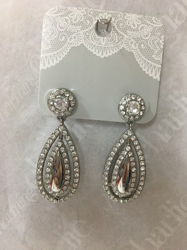 Charming Charlie RSVP Bridal Rhinestone Dangle Earrings Silver Drop Tear Shape