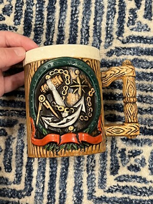 RARE FIND VINTAGE Extra Large Ceramic TILSO Japan Bar Mug - Wood Grain Anchor
